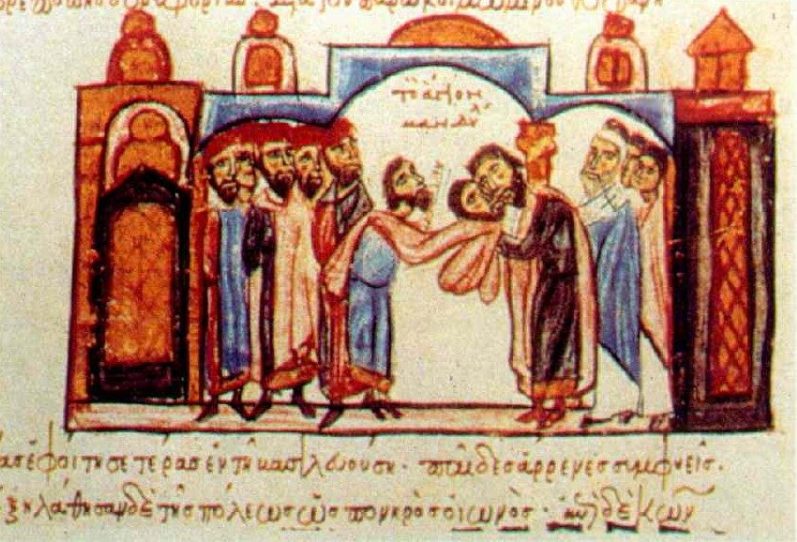 Ankunft des Tuches in Konstantinopel - Madrider Bilderhandschrift des Skylitzes, 12. Jh.